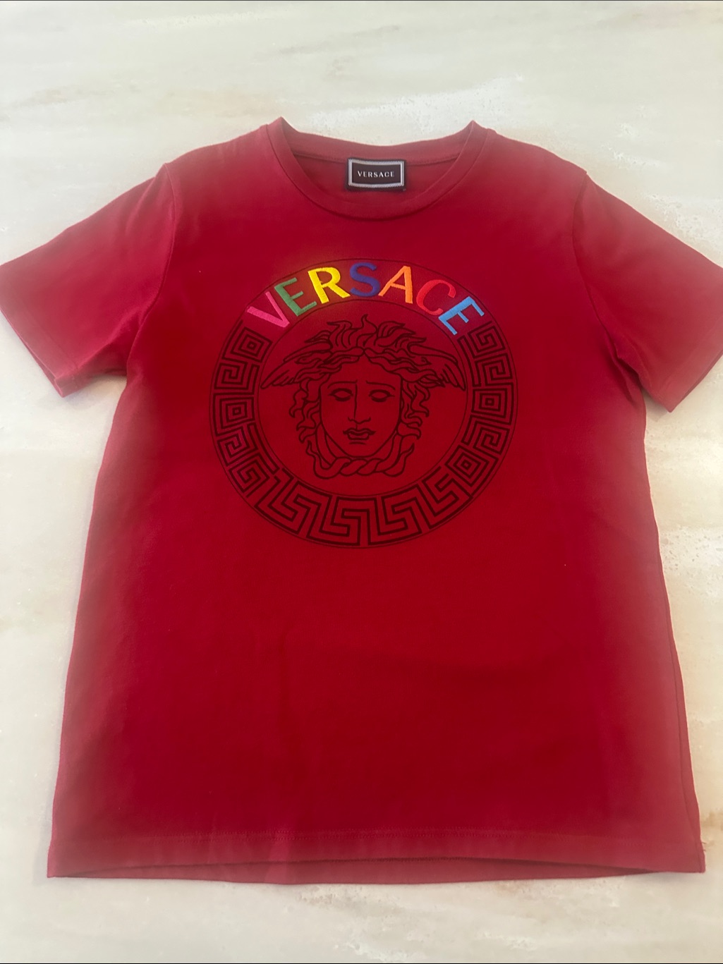 Kids Versace Red Tee With Rainbow Versace Arch